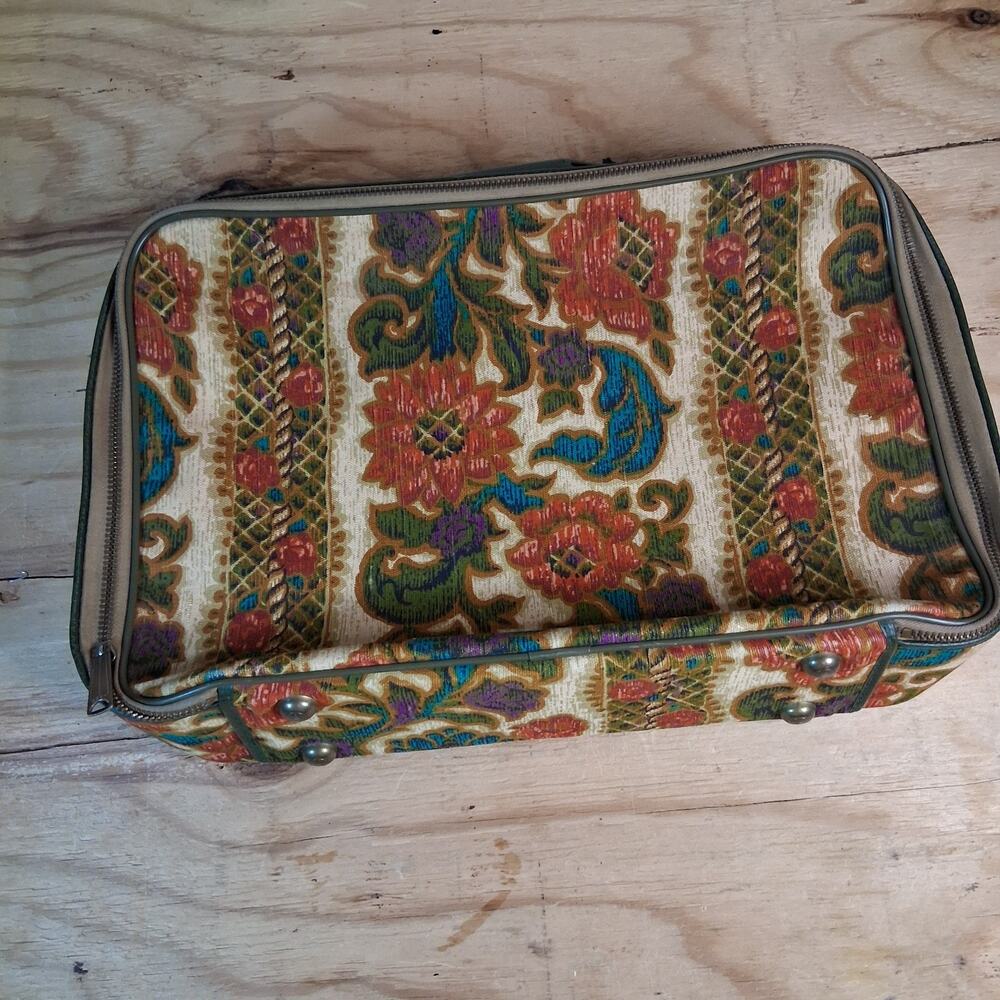 Vtg Carpet Bag Suitcase Red Leather Interior Floral Fabric Travel Bag